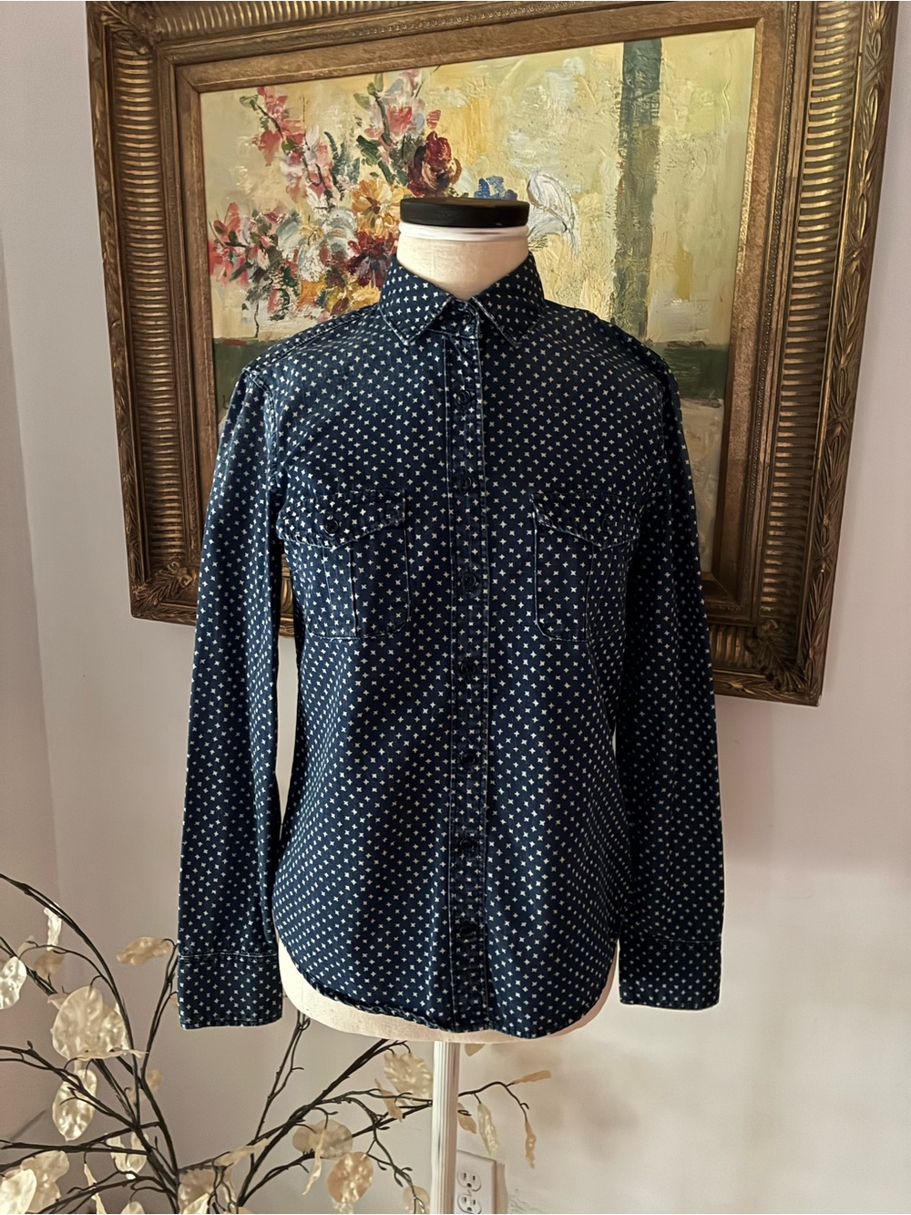 J. Crew Denim Blue and White Star Button Down Top Shirt Size 2